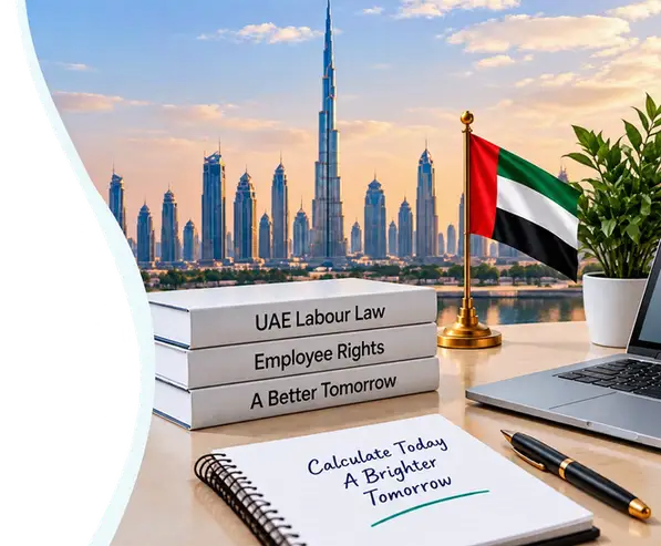 UAE flag, labour law books, and a planning notebook