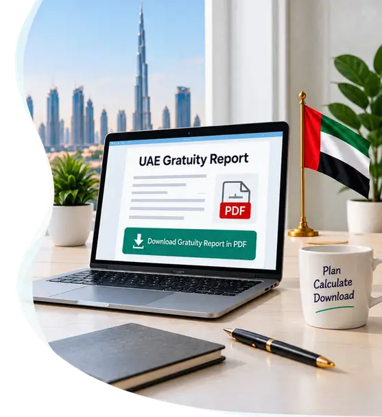 Laptop displaying a UAE gratuity report in PDF