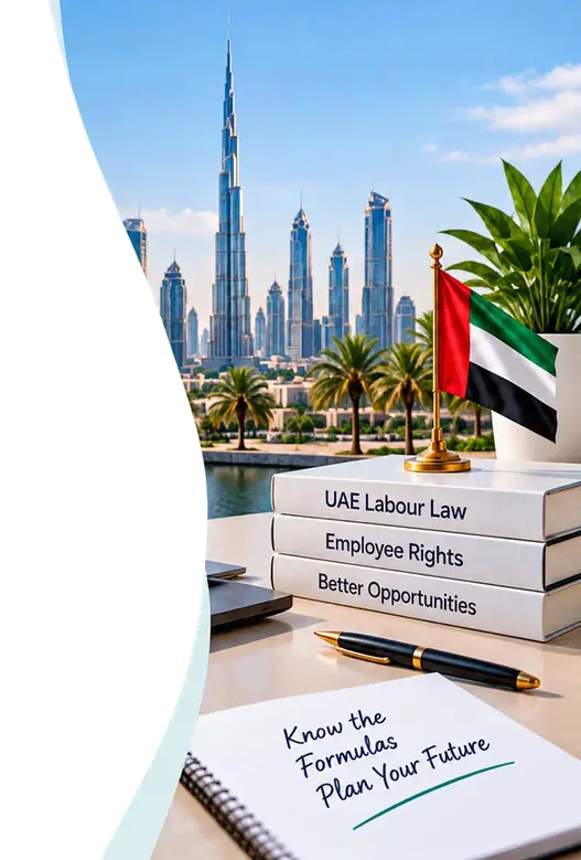 Dubai skyline, labour law books, and UAE flag