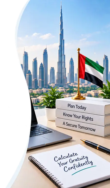 UAE flag and a notebook about calculating gratuity