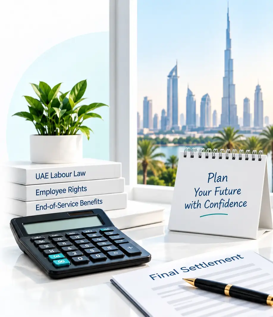 Calculator, UAE labour law books, and a Dubai office view