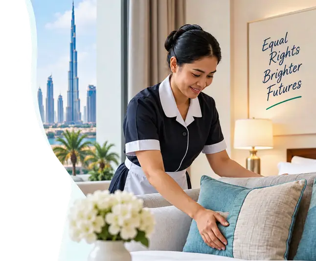 Domestic worker arranging cushions in a Dubai home