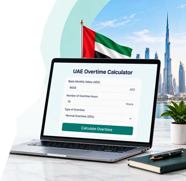 UAE flag, Dubai skyline and overtime planning