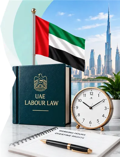 UAE flag, Dubai skyline and overtime planning