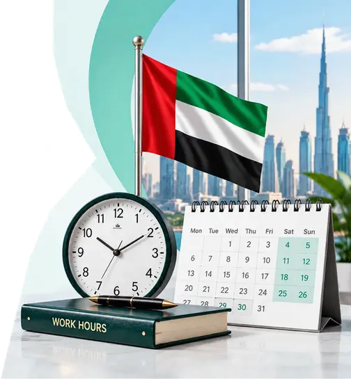 UAE flag, Dubai skyline and overtime planning